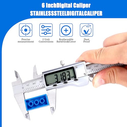 Digital Caliper Measuring Tool,Caliper Measuring Tool with Stainless Steel, Micrometer Dial Vernier Caliper Digital,Large LCD Screen, IP54 Splash Proof, Auto-Off Feature,6 Inch/150mm Caliper Tool