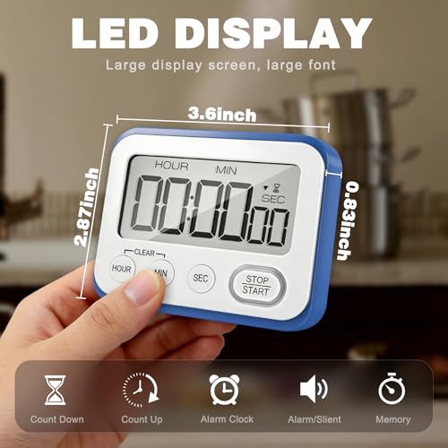 Digital Kitchen Timer Magnetic Loud Alarm, Large LCD Screen Silent/Beeping Multi-Function for Teachers Classroom Kids, Blue - color: Blue