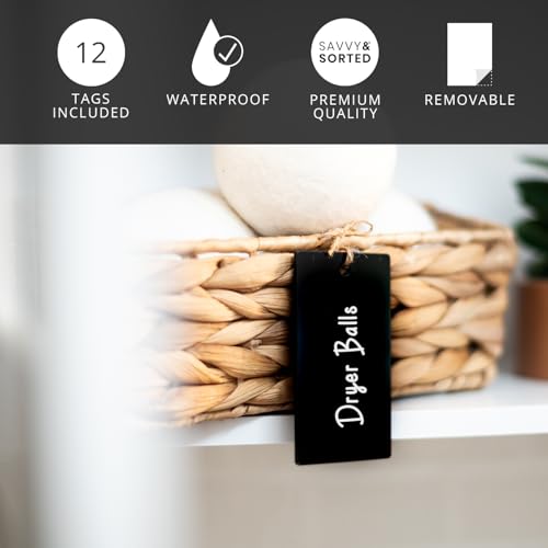 SAVVY & SORTED 12 Black Basket Tags 3.5” x 2”, Acrylic Hanging Tags for Storage Bins with Jute String, Personalized Gift Tag for Clothes Kitchen Pantry Office Organization - color: Black