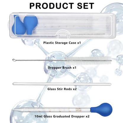 Artcome 5PC Glass Dropper Set - Pipettes Graduated Lab Dropper - 2x10ml Graduated Droppers, 2x Glass Stir Rods with Washing Brush -Ideal for Essential Oils, Lab Use, Liquid Transfer - size: 5 pcs