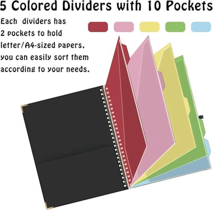 HAUTOCO Clipboard Folio with Refillable Lined Notepad for Letter Size (11" x 8.5"), 5 Dividers with 10 Pockets, Elastic Pen Holder and File Folder Labels, Spiral Nurse Clipboard Artboard(Black) - color: Black