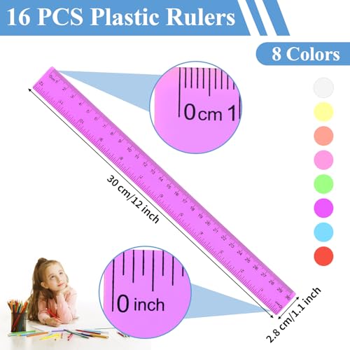 16 Pack Clear Plastic Rulers 12 inch, Ruler Bulk for Classroom and Office