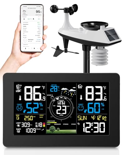 WiFi Weather Station Wireless Indoor Outdoor, Thermometer with Rain Gauge and Wind Speed/Direction, Large Display for Weather Forecast, Temperature, Humidity, Clock, Alarm, UV, Air Pressure, Black