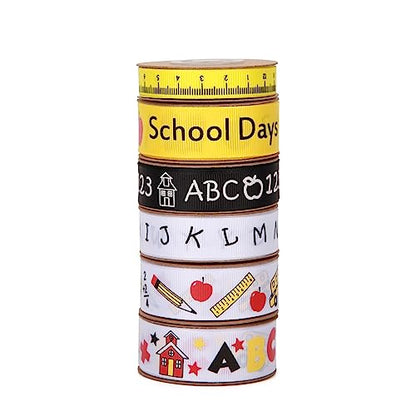 Meseey Back to School Themed Grosgrain Ribbon Ruler School Bus Apple ABC Pencil Backpack Books Chalkboard Printed Craft Ribbons for Teacher Appreciation,Wreath,Gift Wrapping (6 Rolls 30yards) - color: 6 Rolls 30 Yards