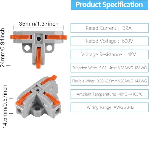 10PCS Lever Wire Connectors, T Shape Out Quick Wire Connectors, Electrical Lever Nuts Wire Connectors Push-in Conductor Terminal Block AWG 28-12 - color: 10pcs T-shaped