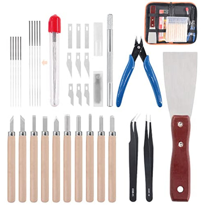 34 Piece 3D Printer Accessories Tool Kit Cleaning Needles, Tweezers, Pliers, Scarper, Clean up Knives, Carving Knife Come with Storage Case for Printing Removing, Cleaning, Finishing