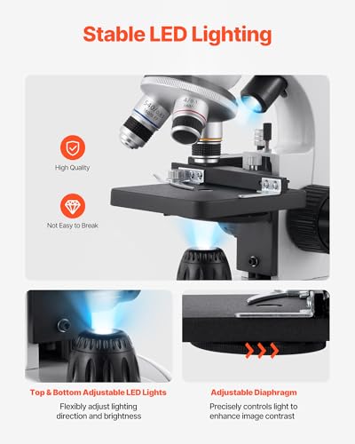 VEVOR Compound Binocular Microscope, 40-2000X Magnification, Professional Compound Microscope for Adult with Phone Adapter, LED Light, Aluminum Alloy Body, for Lab, School, Home, Education - size: 40-2000X