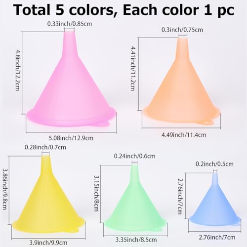 Kitchen Funnel Set with 5 Sizes Small to Large Plastic Cooking Funnel with Narrow Spout for Filling Bottles Transferring Liquid Dry Ingredients Cosmetic Lotion Essential Oils