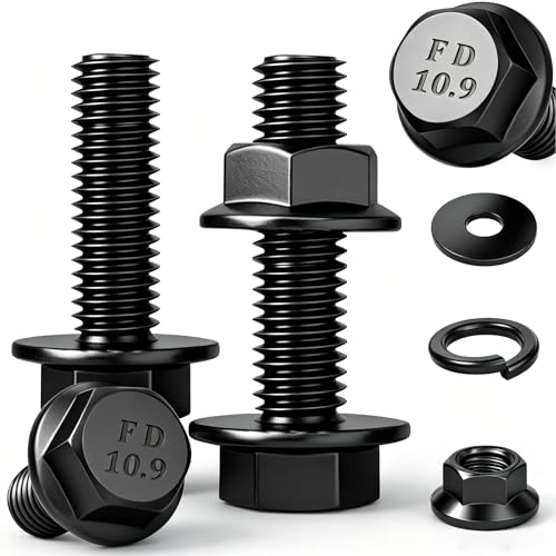 20 Set M6-1.0 x 30mm Flanged Hex Head Bolts,Flange Nuts,Flat & Lock Washers,10.9 Black Zinc Plated,Full Thread, Alloy Steel - color: Black-flange, size: M6-1.0x30mm(20 sets)