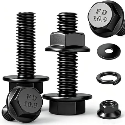 8 Set M10-1.5 x 30mm Flanged Hex Head Bolts,Flange Nuts,Flat & Lock Washers,10.9 Black Zinc Plated,Full Thread, Alloy Steel - color: Black-flange, size: M10-1.5 x 30mm(8 sets)