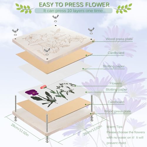 Rhykoka Wooden Flower Press, 11x11 inch 10 Layers Extra Large Flower Pressing Kit for Adults