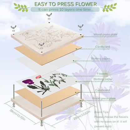 Rhykoka Wooden Flower Press, 11x11 inch 10 Layers Extra Large Flower Pressing Kit for Adults