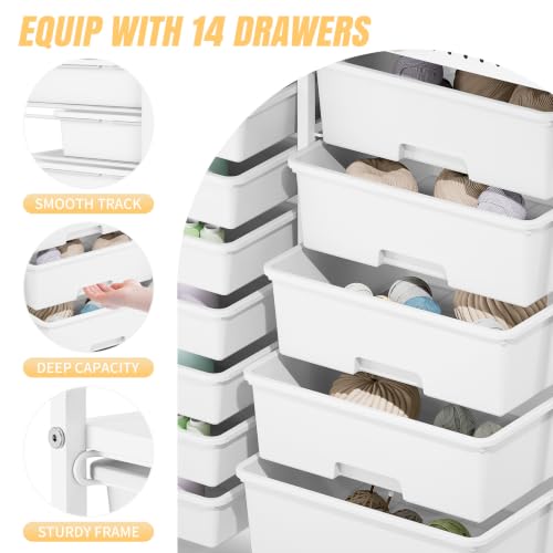 14 Drawer Rolling Storage Cart with Tabletop and Pegboard for Crafts White - color: White