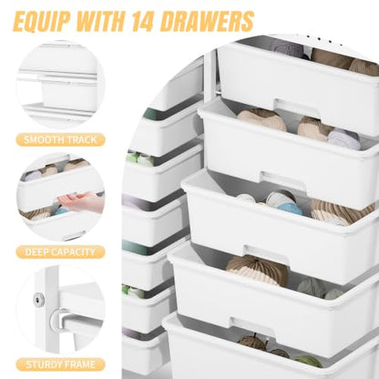 14 Drawer Rolling Storage Cart with Tabletop and Pegboard for Crafts White - color: White