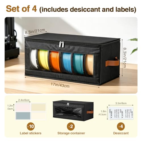 2 Pack Foldable Filament Storage Box, 3D Printer Filament Containers with Transparent Window, Desiccants & Labels, Holds 12 Rolls, Water-Resistant Organizer for Home Office Workshop Studio