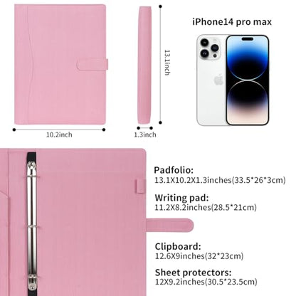Wonderpool A4 PU Leather Portfolio Holder Ring File Document Case with Removable Binder Clipboard, Multi Pocket and Legal Pad for Business Organizer Interview and Meeting (Pink) - color: Pink