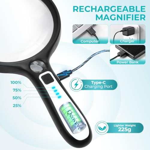 5 Inch Large Magnifying Glass with Light, 10X 30X Rechargeable Lighted Handheld Magnifier with 20X Pocket Magnifying Glass for Low Vision Seniors Reading Small Prints Close Work