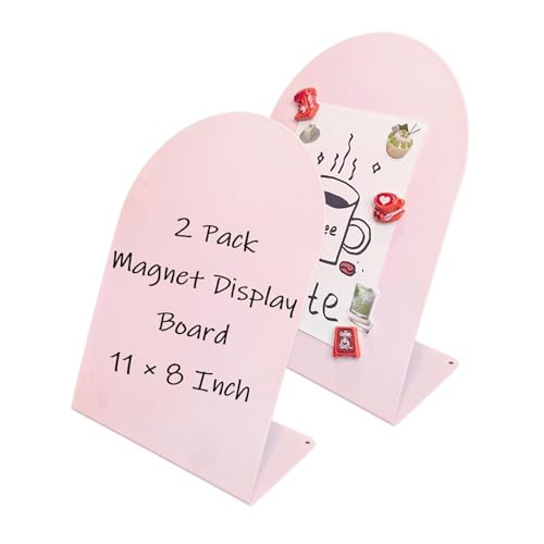 2 Pack Metal Pink Arched Magnet Display Board, 11"×8" Anti-Slip Desk Magnetic Bulletin Board Decorative Tabletop Memo Photo Display Stand Small Business Supplies for Home Office Vendor Booth Classroom - size: 11" × 8"- P