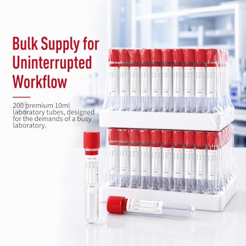 200 Pcs 10ml Plastic Test Tubes with Red Caps for Lab Use - color: Red-10ml-200