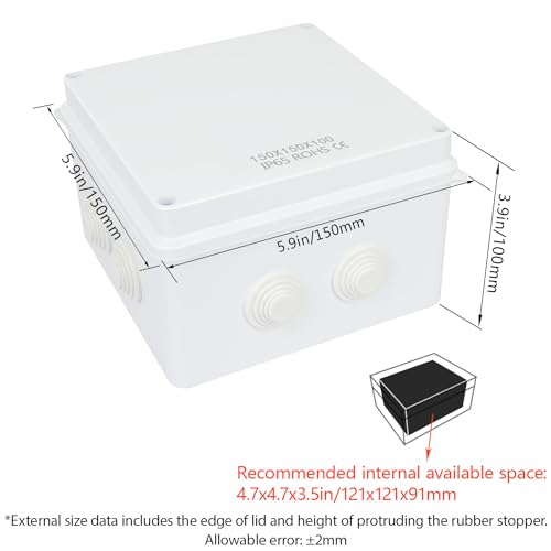 LeMotech Junction Box, ABS Plastic IP65 Waterproof and Dustproof, Universal Electrical Enclosure, Outdoor and Indoor Project Box 5.9X 5.9X 3.9 inch (150 x 150 x 100 mm) - size: 5.9" x 5.9" x 3.9" (1pc)