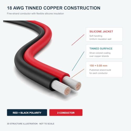 TUOFENG 18 AWG Silicone Wire, 66 ft Red Black 2-Conductor Tinned Copper - size: 18 AWG 2 Parallel Wire 66ft
