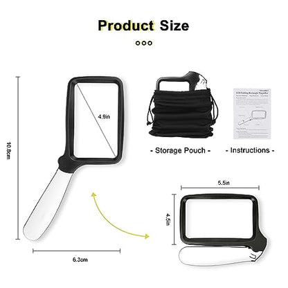 3X Folding Magnifying Glass with Light, Retancular Lighted Magnifier with 5 LED Lights, Handhold Page Magnify Lens Seniors Gift for Reading Books, Coins, Maps, Inspection, Exploring -Black - style: Folding Black