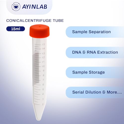 Conical Centrifuge Tubes 15mL, AyinLab Conical Tubes 50pcs, Polypropylene Plastic Test Tubes with Leak-Proof Screw Caps, Graduated and Write Marks, Non-pyrogenic and DNase/RNase Free - size: 15ML-50PCS