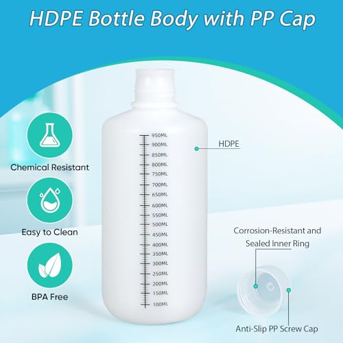 32oz/1000ml Narrow Mouth Plastic Bottles with Caps, HDPE Laboratory Grade Graduated Liquid Containers for Reagent Sample Medicine Water Storage (Translucent, 2 Pcs) (Pack of 2) - size: 32 Ounces (Pack of 2)