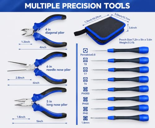 Precision Repair Tool Set, 12-Piece Craftsman & Miniature Tool Kit with Small Screwdrivers, Mini Pliers, Demagnetizer, Small Tool Kit for Phone, Laptop, Jewelry Repair, Includes Compact Storage Pouch