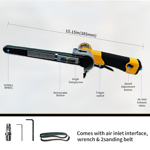 1/2" x 18" Pneumatic Belt Sander, Mini Air Angle Grinder for Metal/Wood Sanding & Polishing, 180° Rotatable Handheld Tool with 3 Abrasive Belts (36/40/60 Grit) — High-Vis Yellow