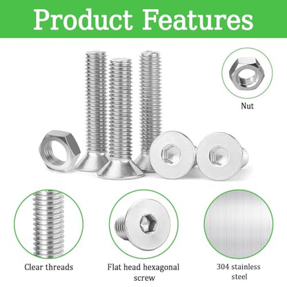 M5x35mm Countersunk Hex Screws Set - 40PCS Bolts + 20PCS Nuts + Allen Wrench, Stainless Steel Flat Head Socket Screws for Furniture & DIY - size: M5x12mm-60Pcs