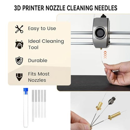 17pcs Clog Poke 3D Printer Nozzle Cleaning Kit for 1.75mm Filament Nozzles,Φ1.5mm Needle with Arrow Tip,150mm,10 Multi-Size Nozzle Cleaning Needles,Tweezers,Copper Wire Brush, FDM Tools