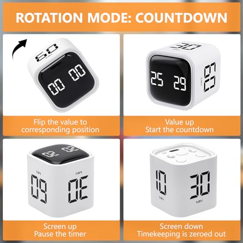 GuDoQi Multi-Function Cube Timer, 5/10/30/60 Min & Custom Count Down, Included Pause & Resume Feature, Silent, Vibrate & Adjustable Sound Alarm for Productivity in Tasks, Study & Kitchen, White - color: White