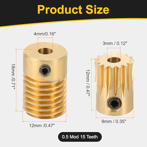 uxcell Worm Gear Set 15T 0.5 Module 15:1 Reduction Rate, Right Rotation Drive Gear Box Wheel Reduce Transmission Part (Brass Gear-3mm Bore, Brass Rod 4mm Bore) - size: Gear-3mm, Rod-4mm Bore, style: 0.5M-15T