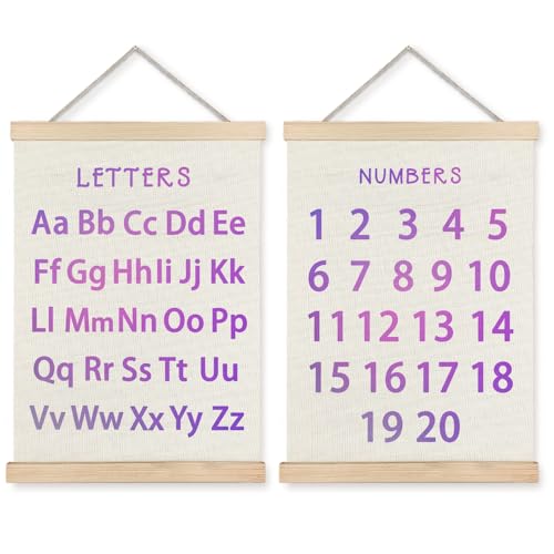 Supwhd Classroom Wall Decor, Numbers and Alphabet Educational Wall Art Poster, Alphabet ABC Numbers from 1 to 20 Poster Wall Decor for Toddler Kids Room Playroom Classroom, 12x16 Set of 2（Purple） - color: ABC123-Purple, size: 12 x 16 inches