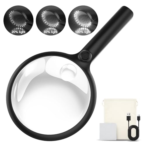 2000mah Rechargeable Handheld Magnifying Glass with 24 LED Lights, 5X 10x Reading Magnifier Large 5 inch Lens, 3 Light Modes for Seniors Reading, Inspection (Black) - color: Black