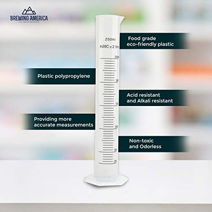 Brewing America Plastic Graduated Cylinder Beaker - 250ml Science Measuring Cylinder Test Tube Flask 250 mL, 2-Sided Marking - Black and Raised Graduation Lines, Pour Spout
