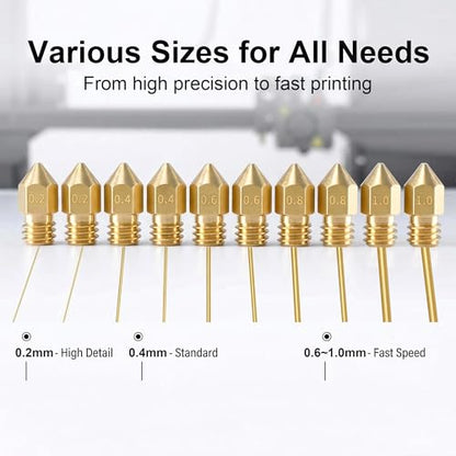 3D Printer Nozzle Kit, 16PCS MK8 Brass Nozzles 0.2/0.4/0.6/0.8/1.0mm