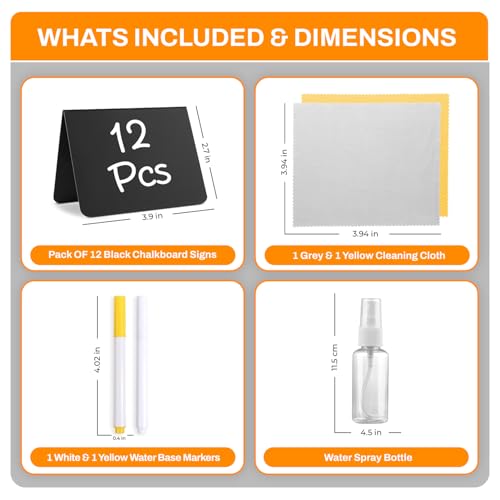 12 Pack Mini Chalkboard Signs for Food, 4”x3” Small Reusable Chalk Board Signs w/Spray Bottle, Food Labels for Party Buffet, Table Signs for Wedding, Name Tags & Bakery w/ 2 Markers & Wiping Cloths - style: Chalkboard V 12