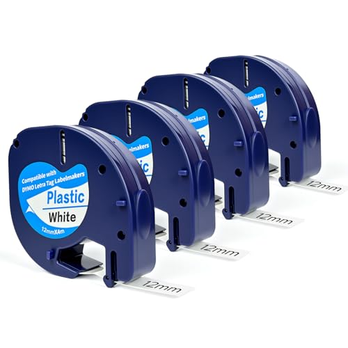 4-Pack Compatible with Dymo Label Maker Refills 91331 Plastic White Tape