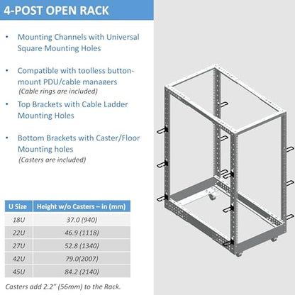 AEONS 27U 4-Post Open Frame Server Rack with Casters, Adjustable Depth - color: B-4POST, size: 27U