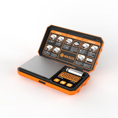 MAXUS Pocket Scale, 200g x 0.01g, with 50g Calibration Weight and USB Cable - color: Orange