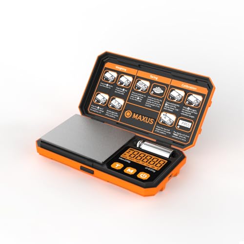 MAXUS Pocket Scale, 200g x 0.01g, with 50g Calibration Weight and USB Cable - color: Orange