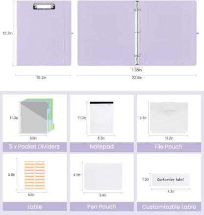 3 Ring Binder with Clipboard,1 Inch Binders with Notepad&5 Dividers with Pockets, Pen Holder, Leather Clipboards for School Office(Purple, Letter Size) - color: Purple, size: 1 Inch