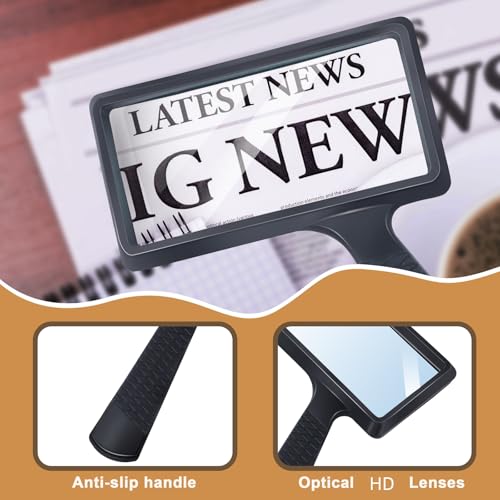 5X Rectangle Reading Magnifier, Large Handheld Magnifying Glass Scratch Resistant Glass Lens Seniors Reading, Hobbies, Repair, Observation(Black)