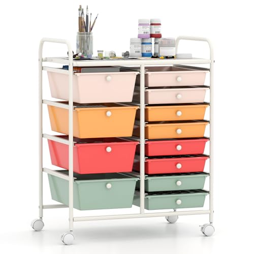 Giantex 12 Drawer Rolling Cart with Drawers, Storage Organizer Cart for Classroom Office School Teacher, Mobile Drawer Cart for Tools, Crafts, Small Printer, Macaron Multicolor - color: Macaron Multicolor, size: 12 Drawers (4 Big+8 Small)