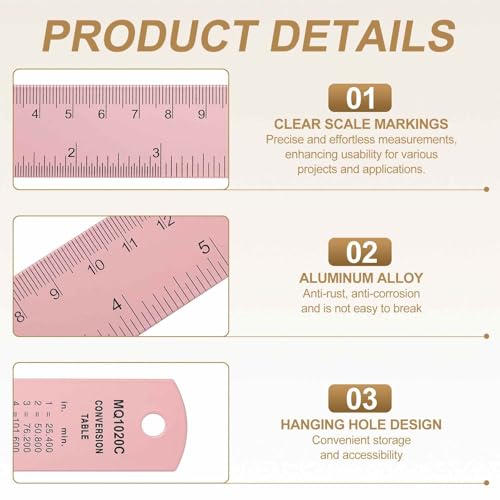 HARFINGTON 2pcs Metal Straight Ruler 30cm Metric & SAE Aluminum Alloy Measuring Rulers Scale Tool with Hole for Measure Study Reading Classroom Office, Pink - color: Pink, size: 30cm