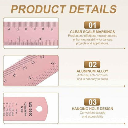HARFINGTON 2pcs Metal Straight Ruler 20cm Metric SAE Aluminum Alloy Measuring Rulers Scale Tool with Hole for Measure Study Reading Classroom Office, Pink - color: Pink, size: 20cm