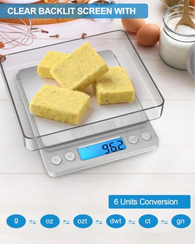 AMIR Digital Kitchen Scale, 3000g 0.01oz/ 0.1g Pocket Coffee Scale, Mini Food Scale, Pro Electronic Jewelry Scale with Back-Lit LCD Display, Tare & PCS Functions, Stainless Steel, Batteries Included - color: Silver