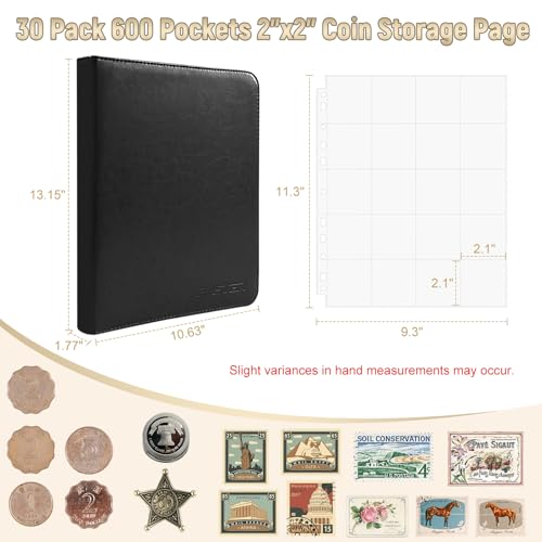 BYSTER Coin Collection Book, 30 Pack 600 Pockets Coin Sleeves, Faux Leather Coin Collection Holder Album, Coin Collection Organizer Storage Box Case (Coin Flips Not Included), Black - color: Black